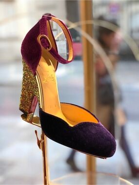 Rare Christian Louboutin Aketi Purple Velvet Glitter Wedge Heel 39 Box + Bag